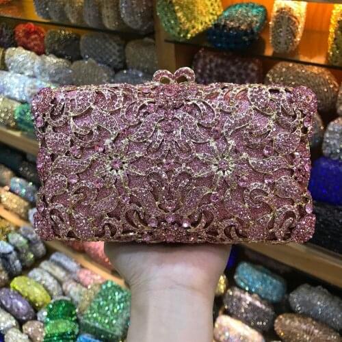 Luxury Crystal Evening Clutch Bags Pink Metal Clutches Evening Clutch Bag Women Party Bags Rhinestones Ladies Purse Handbags