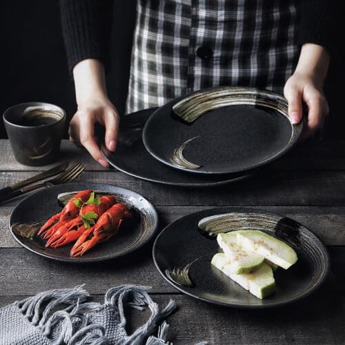RUX WORKSHOP Black Ceramic Dessert Plate Staple Steak Plate Restaurant Snack Salad Plate Round Fruit Plate