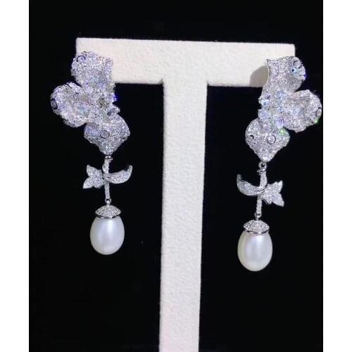 Natural fresh water pearl drop earring 925 sterling silver with cubic zircon flower earring long fine women jewelry