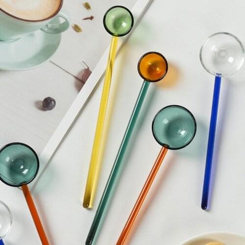 Glass Long Handle Ice Spoon Transparent Rainbow Tableware For Coffee Tea Ice Cream Dessert Stirring Spoons Scoop
