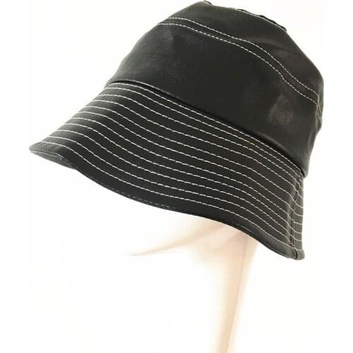 Temperament PU Leather Fisherman Hat Female Autumn/Winter Korean Version of the Tie Wide Eaves Sunscreen Basin Cap Leather Cap