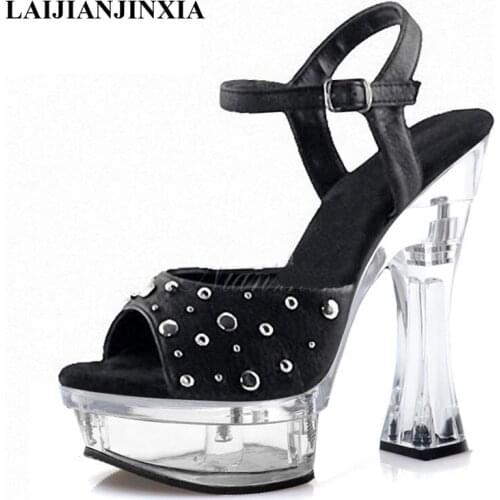 New Concise Gothic Metal Rivet Crystal Womens Platform Sandals 14 cm High Stripper heeled 6 inches Nightclub Pole Dancing shoes