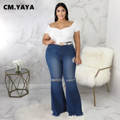 CM.YAYA Women Plus Size Jeans Ripped High Waist Pockets Stretchy Skinny Long Flare Denim Pants Casual Fashion Streetwear Summer