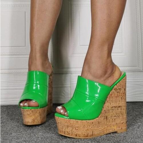 Linamong Summer Girls Green Platform Wedge Sandals Peep Toe Candy Color Sip On Casual Super Heels Sandals Shoes Big Size 47