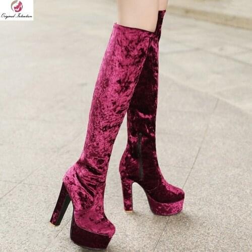 2021 Fashion Aututmn Winter Knee High Boots Women Rubber Platform Thick High Heels Woman Flock Long Boots Shoes Plus Size 47 48