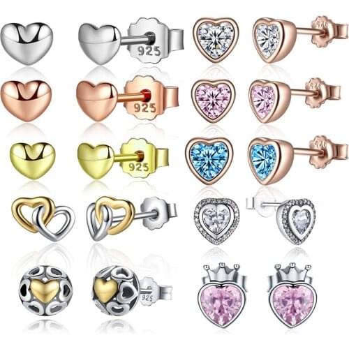 Fashion 11 Styles 925 Sterling Silver Heart Shape Crystals Small Earring Silver Stud Earrings for Women Jewelry Brincos WEUS443
