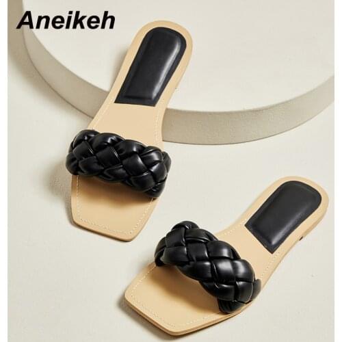 Aneikeh Shoes For Women 2021NEW Summer Shallow PU Slippers Flat With Slides Outside Indoor Checkered Fashion Leisure Weave Adult