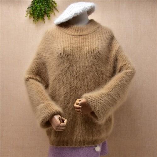 Female women autumn winter thick warm mink cashmere knitted long sleeves o-neck loose pullover angora fur jumper sweater pull