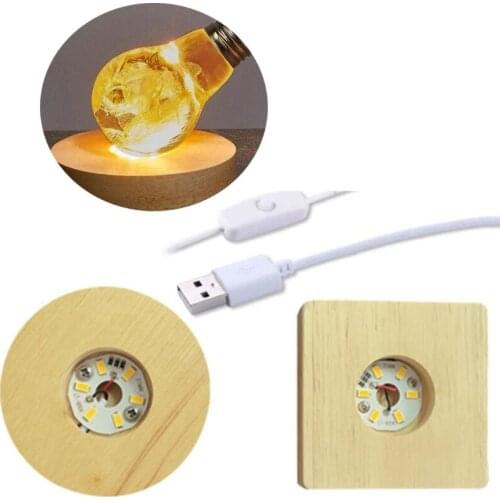 2 Pcs Wood LED Light 3D Crystals Glass Resin Art Dispaly Base Ornaments Night Lamp Base Stand