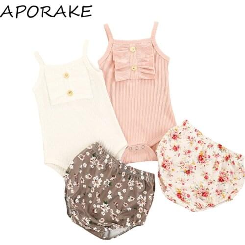 2021 0-24M Baby Girl Clothing Sleeveless Sling Solid Button Knitted Romper+Flower Print Shorts Sweet Summer 2pcs Outfits Set