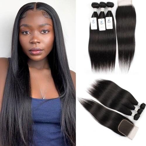 Kisshair 3 bundles with closure natural color Brazilian human hair straight non remy double weft shedding free hair extension