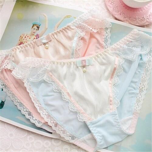 3 pieces/lot 2022 Sexy Brief Girls Women Cute Lolita Kawaii Princess Panties Japan Lace Bow Pearls Underwear