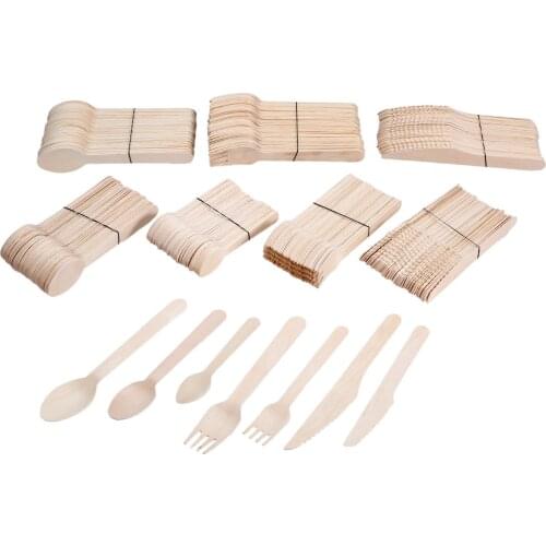 50pcs/150pcs Disposable Wooden Cutlery Forks/Spoons/Cutters Knives Party Supplies Kitchen Utensil Dessert Tableware Pack 14/16cm