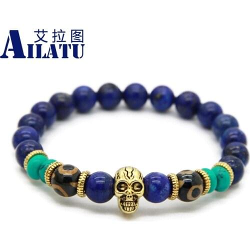 Ailatu Mens Beaded Bracelet Wholesale 10 pieces/lot 8mm High Quality Lapis Lazuli Dzi Beads Yoga Skull Jewelry