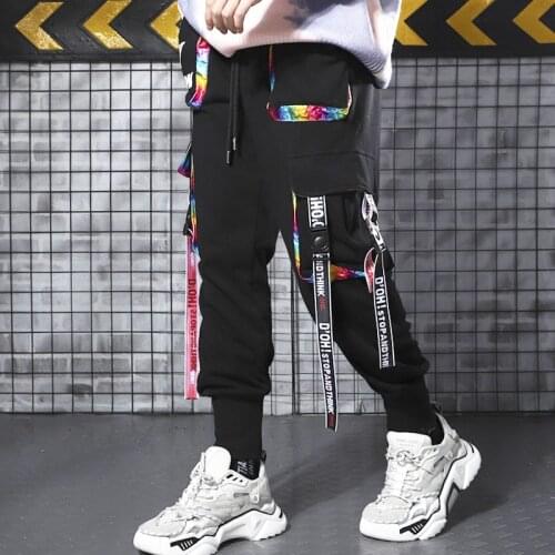 Japanese Harajuku Fashion Streetwear Pants Men Ribbons Multi Pocket Loose Hip Hop Punk Jogging Pants Male Colorful Gym Trousers