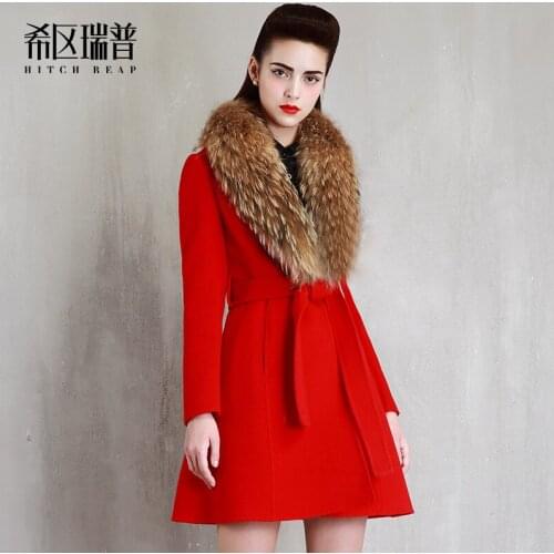 Double Sided Woolen Cloth Coat Female Raccoon Dog Big Hair Collar Celebrity Cashmere Waistless Coat