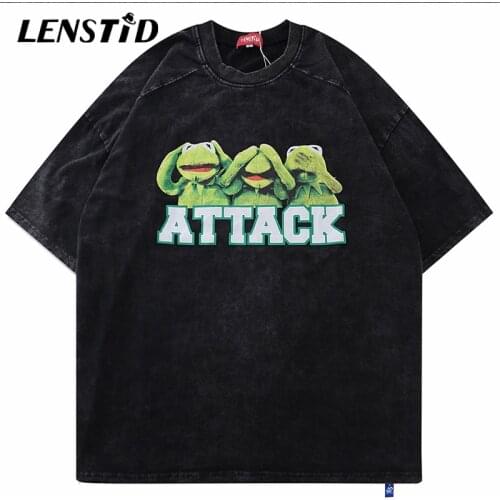 LENSTID Summer Men Washed Oversized Short Sleeve Tshirts Hip Hop Letter Frog Print T-Shirt Streetwear Harajuku Cotton Tops Tees