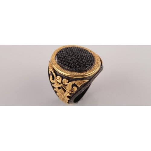 UM US JEWELRY Gold Plated Black Ancl Authentic Embroidered 925 Sterling Silver Ring