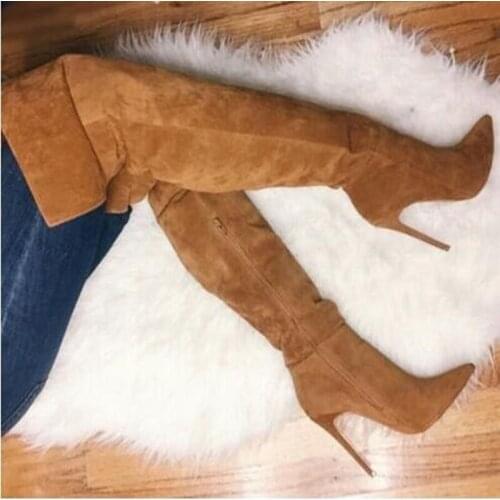 Brown Suede Over The Knee Boot High Heel Pointed Toe Long Boot Side Zipper Tight High Boots Winter Dress Shoes
