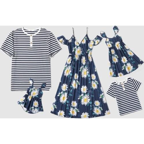 PatPat 2021 Summer Family Matching Outfits Daisy Print Flounce Tank Dresses - Stripe Tops - Rompers Parents & Children Clothes