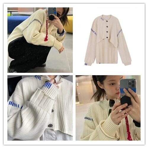 Kpop Korea Celebrity Autumn Fashion Womens Knitted Cardigan Sweaters Female Streetwear Irregular O-Neck Single Breasted Jackets