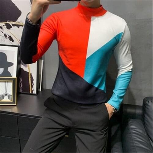 Men Long Sleeve T-shirt Patchwork Color Stitching Men Base Tee Turtleneck Slim Fit Elasticity T Shirt Uomo Men Clothing Autumn