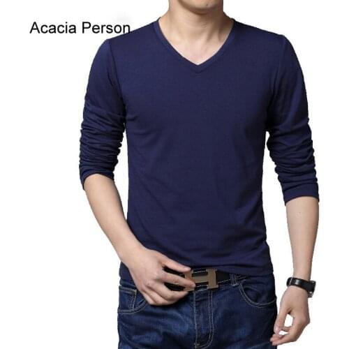 Mens fashion Spring and Autumn 2019 Slim-type long-sleeved T-shirt Pure cotton casual V-neck mens large size S-3XL shipping