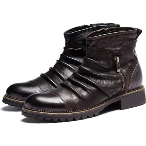 XPAY New Autumn Men Leather Boots Fashion Retro Zipper Ankle Booties Breathable Big Size Male Motorcycle Boots Party Shoes