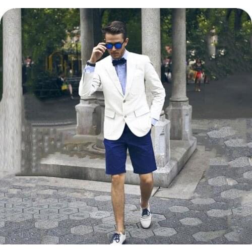 2020 New Arrival Fashion White Men Suits Casual Man Blazer Blue Short Pants Slim Customize Male Jacket 2 Pieces Costume Homme
