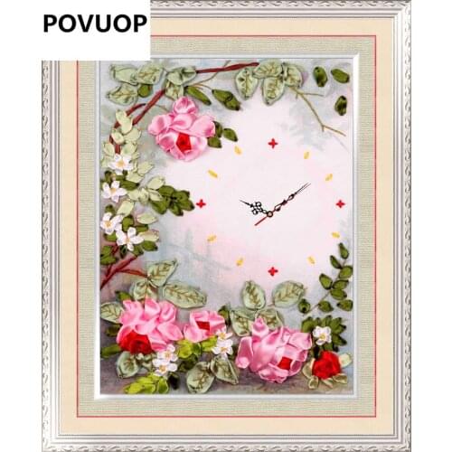 POVUOP New arrival ribbon embroidery 40X50cm perfect cross stitch simple paintings not include the clock