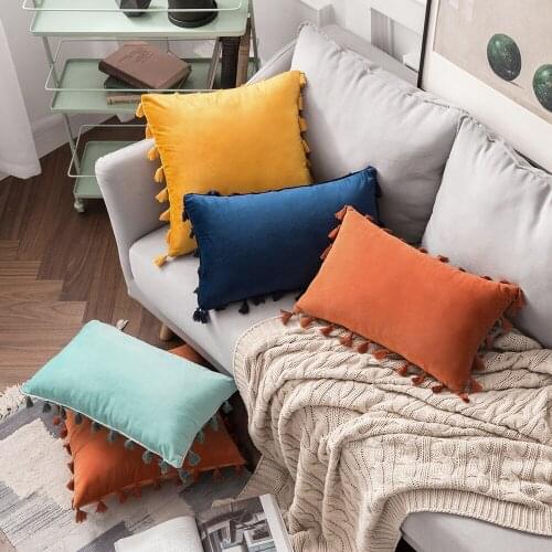 Solid Velvet Home Decor Pillow Cover With Tassels Decoration Pink Pillow 30X50CM/50X50CM/45X45CM Cover Grey Sofa Cushion Velour