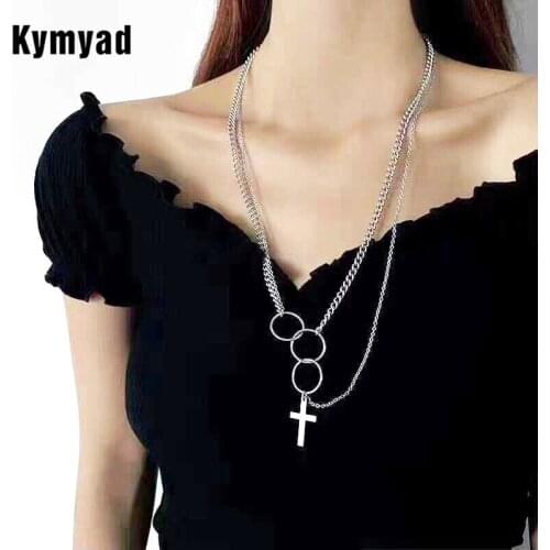 Kymyad Stainless Steel Necklace Women Bijoux Geometric Pendant Necklaces For Women Silver Color Long Sweater Multi Necklaces