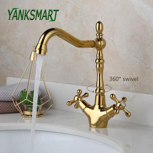 YANKSMART Golden Polished 360 Swivel Bathroom Basin Sink Faucet Deck Mounted Dual Handle Kitchen Faucets Cold & Hot Mixer Tap