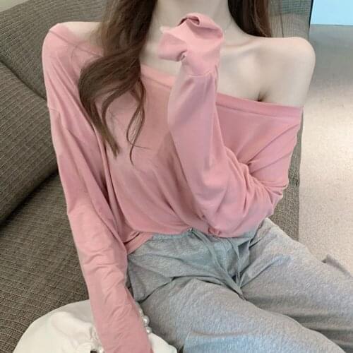 Casual One Shoulder Women Top Summer Long Sleeve Simple T-shirt Female Tops Sexy Asymmetric Slim Solid Ladies Tops Shirts 2021