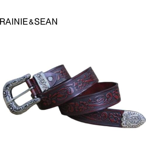 RAINIE SEAN Mens Waist Belt Jeans Genuine Leather Embossed Pin Belt Burgundy Vintage Male High Quality Real Cow Leather Belts