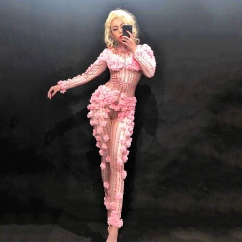 Sexy Dj Pink Flower Bodysuit Costume Evening Crystals Jumpsuit Celebrate Party Wear Singer Stage Performance gogo costumes 2 ord