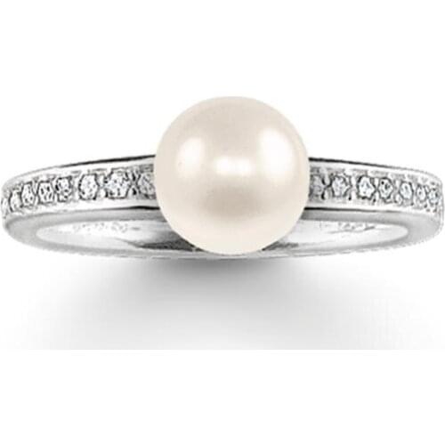 Silver Plated Eternity Big Pearls Rings with White Line Zirconia, Fashion Thomas Style Glam Ring Jewelry Ts Soul Gift for Women