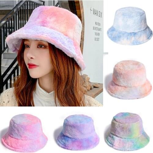 Tie-dye hat women rainbow color plush fisherman cap winter warmth padded basin hat bucket hat outdoor walking cap
