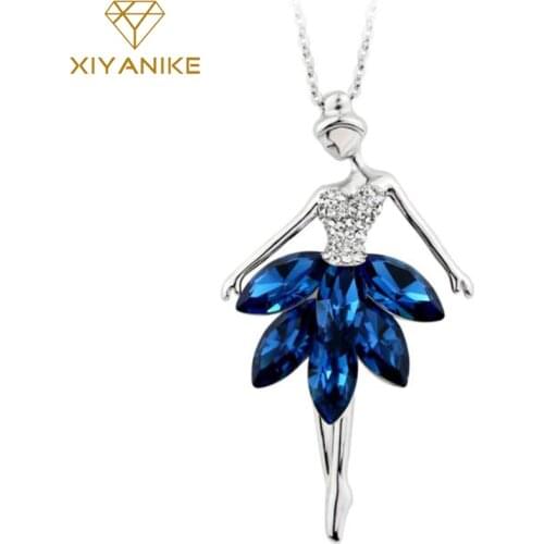 XIYANIKE Elegant Blue Crystal Ballerina Girl Pendant Rhinestone Necklaces & Pendants Long Sweater Chain Statement Jewelry N53