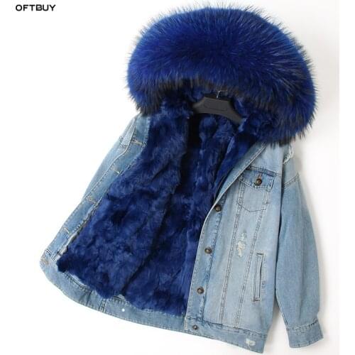 OFTBUY 2020 Winter Jacket Women Real Fur short Coat Parka Real raccoon fox collar rex rabbit fur liner hole bomber Denim jacket