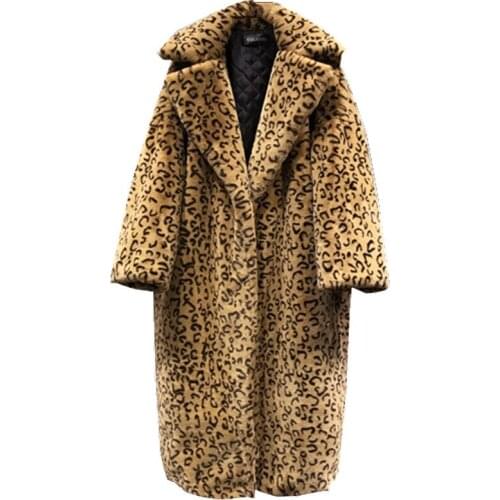 Leopard Fur Coat Women 2020 Autumn Winter Thick Warm Rabbit plush Jackets Plus size Female Hooded Tops Long Rabbit Fur Coats