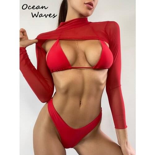 2021 Women Bikini Set 3Pieces Long-Sleeved Red Mesh Cover Up Smock Swimsuit Sexy Swimwear Push Up Beachwear Blouse Bathing Suit