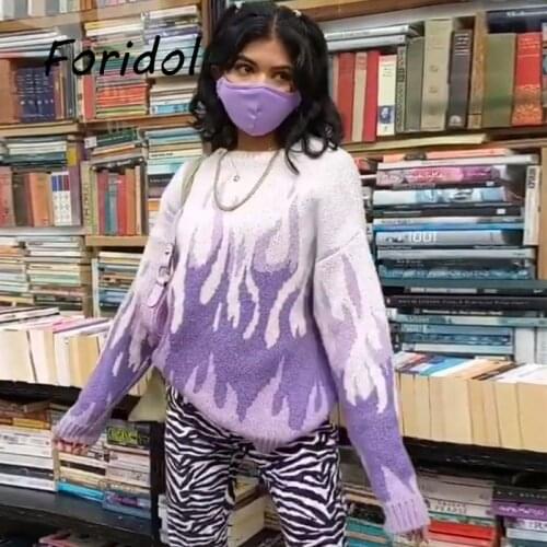 Vintage Purple Flame Knitted Oversized Sweaters Women Winter Streetwear Warm Pullovers High Fashion Stretch Jumpers 2021 New
