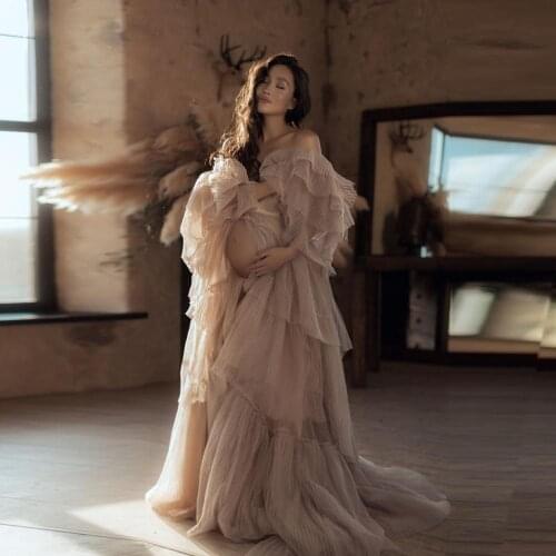 Off Shoulder Ruffle Maternity Evening Dresses Photo Shoot Props Maternity Photography Gown Kimono Women Robe Bathrobe Sleepwear