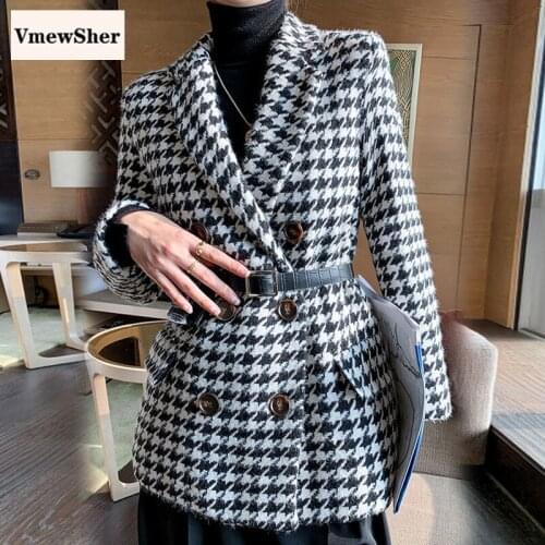 VmewSher Winter with Belt Bag Women Woolen Coat Houndstooth Stylish Shawl Collar Jacket Warm Slim Office Lady Elegant Outwear