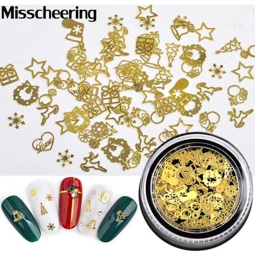 1 Box Ultra thin Metal Slices Mix Christmas Butterfly Heart Steampunk Gear Metallic Flakes 3d Gold Nail Art Sticker Decorations