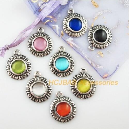 8 New Flower Charms Tibetan Silver Tone Retro Mixed Cat eye Stone Pendants 19x23mm