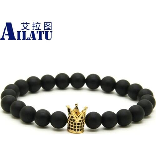 Ailatu 10pcs/lot High Grade Jewelry Micro Inlay Black CZ Beads Crown Mens Bracelets with 8mm Matte Onyx Stone