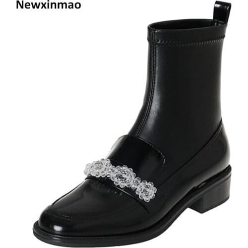 2021 New Slip-on Women Ankle Boots Genuine Leather Punk Squre Toe Thick Heels Pumps for Women Working Basic Shoes Woman