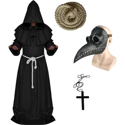 Plague Doctor Cosplay Costume Friar Priest Costume Clothes Sets Halloween Fancy Medieval Monk Cowl Robe Set Wizard C34143AD